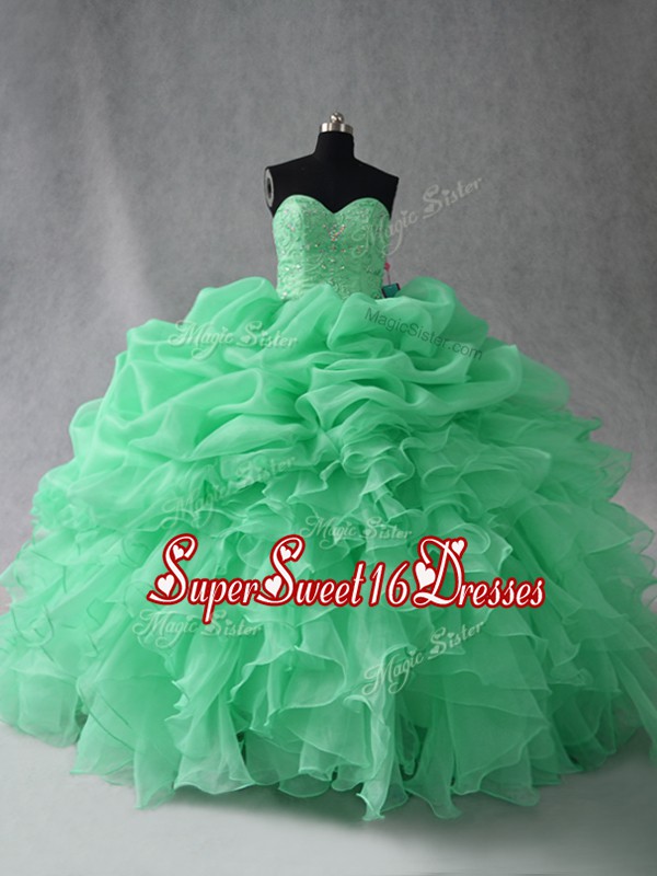 Gorgeous Apple Green Ball Gowns Scoop Sleeveless Organza Floor Length Lace Up Beading and Ruffles and Pick Ups Party Dress for Toddlers
