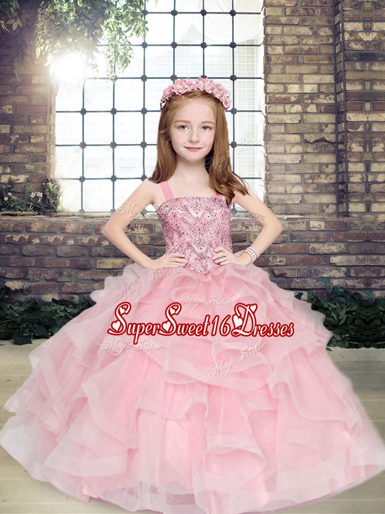 Amazing Floor Length Ball Gowns Sleeveless Pink Kids Pageant Dress Lace Up