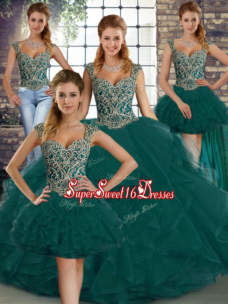  Straps Sleeveless Lace Up Sweet 16 Dresses Peacock Green Tulle