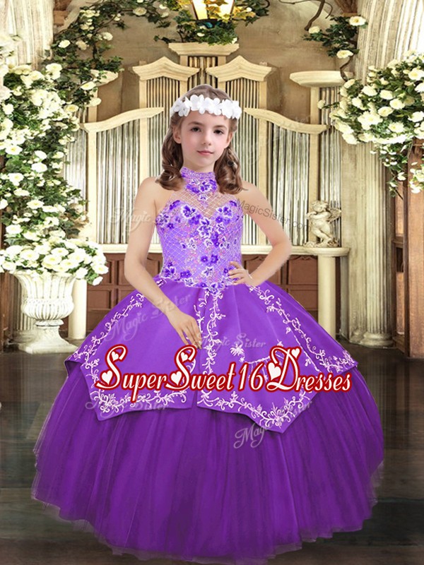 Eye-catching Eggplant Purple Tulle Lace Up Child Pageant Dress Sleeveless Floor Length Embroidery