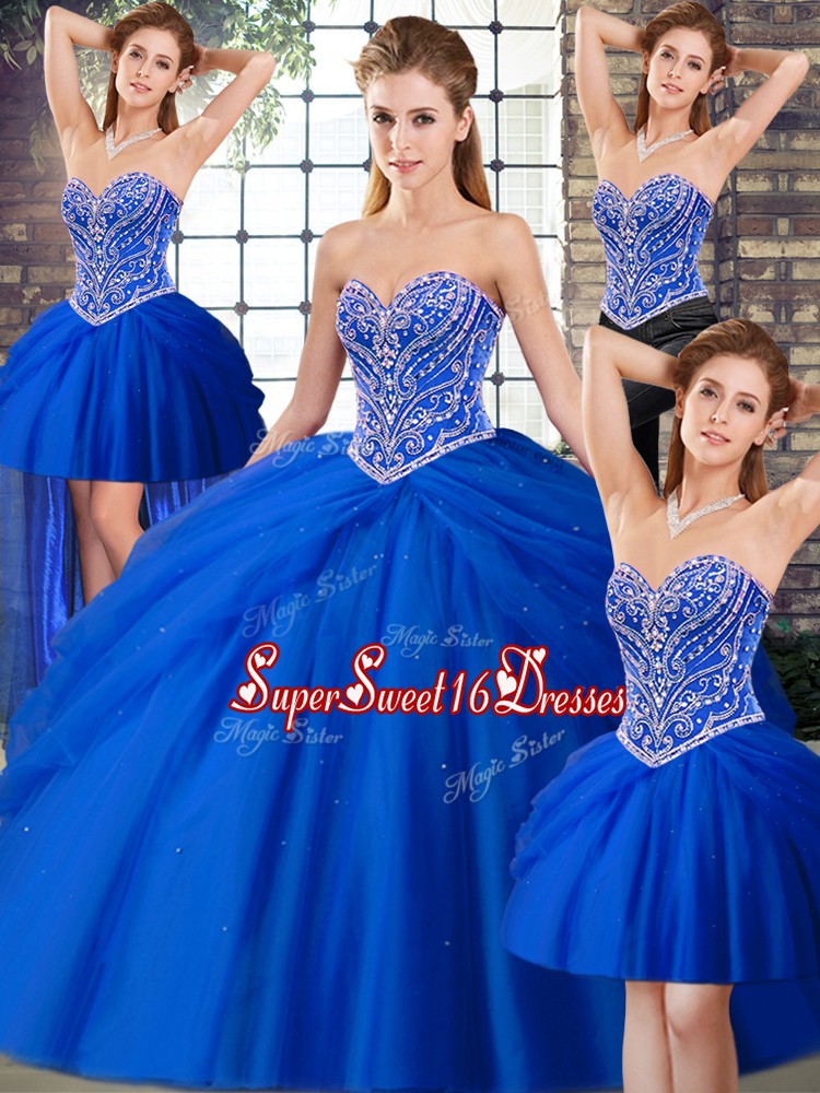 Fashionable Sleeveless Tulle Brush Train Lace Up Quinceanera Dresses in Royal Blue with Beading and Pick Ups