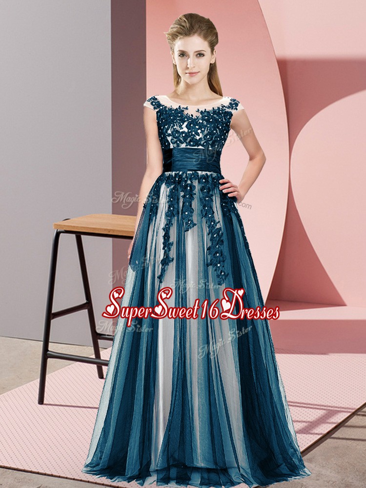  Floor Length Navy Blue Dama Dress for Quinceanera Scoop Sleeveless Zipper