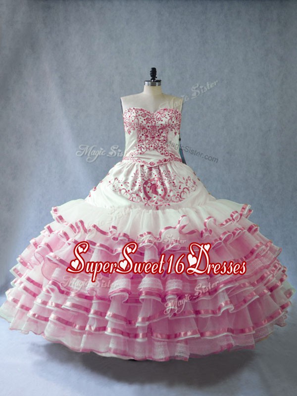 Artistic Floor Length Ball Gowns Sleeveless Pink And White Quince Ball Gowns Lace Up