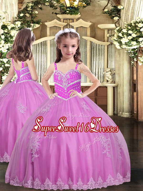 Wonderful Ball Gowns Little Girl Pageant Gowns Lilac Straps Tulle Sleeveless Floor Length Lace Up
