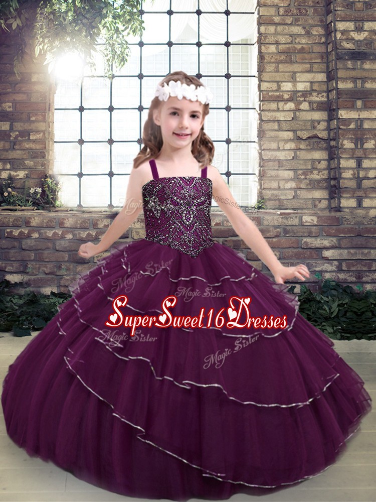 High Class Floor Length Purple Little Girls Pageant Dress Straps Sleeveless Lace Up