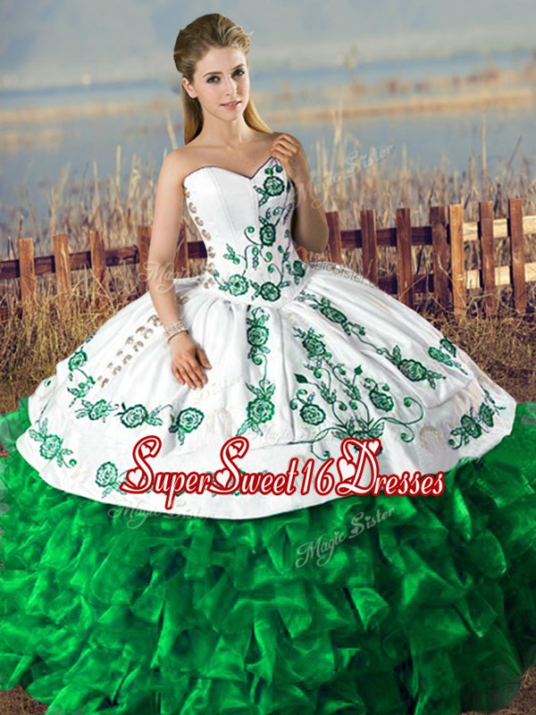  Ball Gowns Vestidos de Quinceanera Dark Green Sweetheart Satin and Organza Lace Up