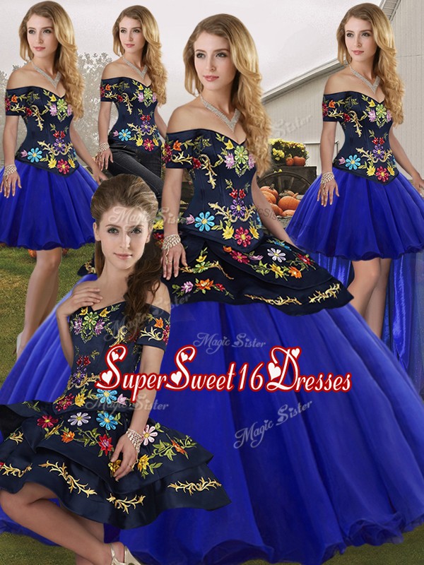 Fine Royal Blue Tulle Lace Up Off The Shoulder Sleeveless Floor Length Sweet 16 Dresses Embroidery