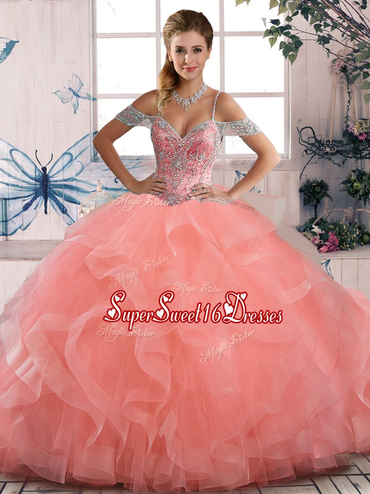  Tulle Off The Shoulder Sleeveless Lace Up Beading and Ruffles Quince Ball Gowns in Peach