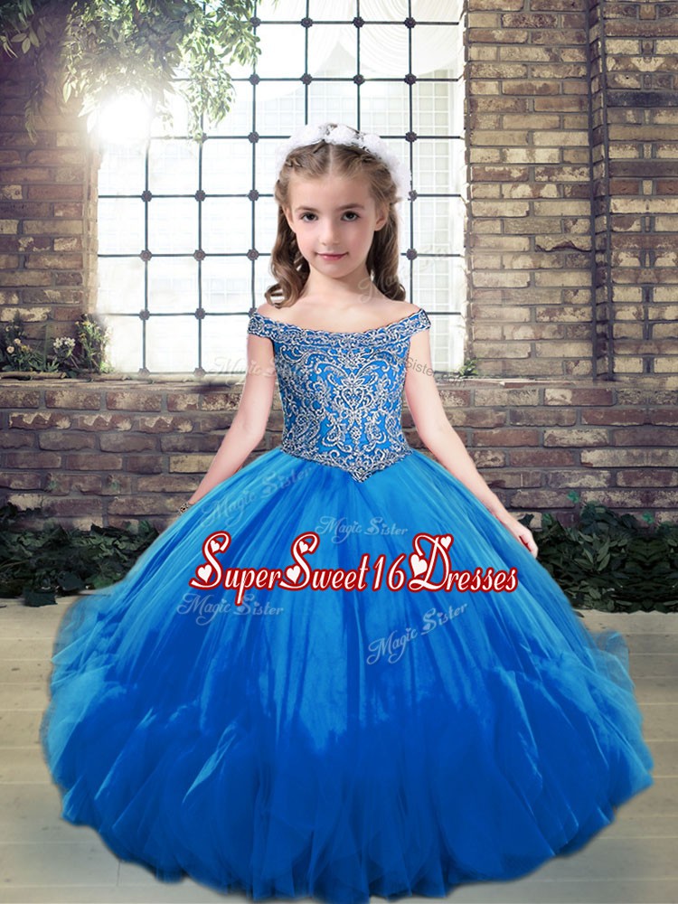  Blue Ball Gowns Off The Shoulder Sleeveless Tulle Floor Length Lace Up Beading Little Girl Pageant Gowns