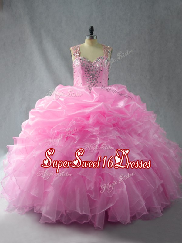  Baby Pink Sweet 16 Dress Sweet 16 and Quinceanera with Beading and Ruffles and Pick Ups Straps Sleeveless Zipper