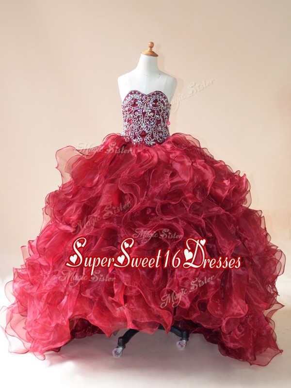  Wine Red Little Girls Pageant Dress Wedding Party with Beading and Ruffles Sweetheart Sleeveless Brush Train Lace Up
