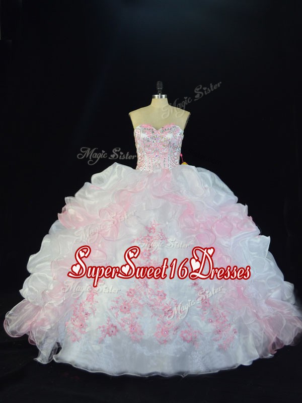 Wonderful Pink And White Sleeveless Beading and Pick Ups Floor Length Quinceanera Dresses