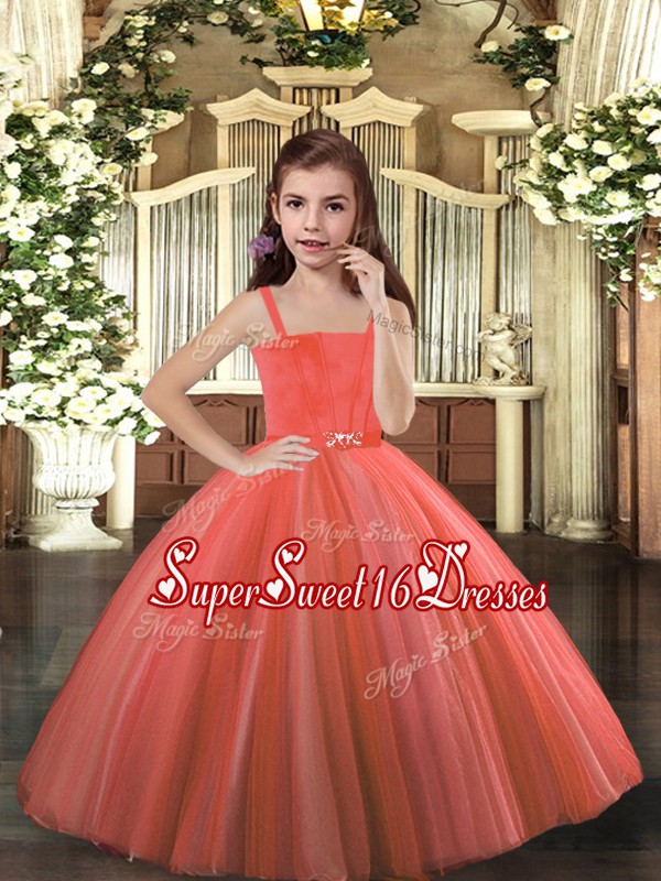  Rust Red Ball Gowns Beading Girls Pageant Dresses Lace Up Tulle Sleeveless Floor Length