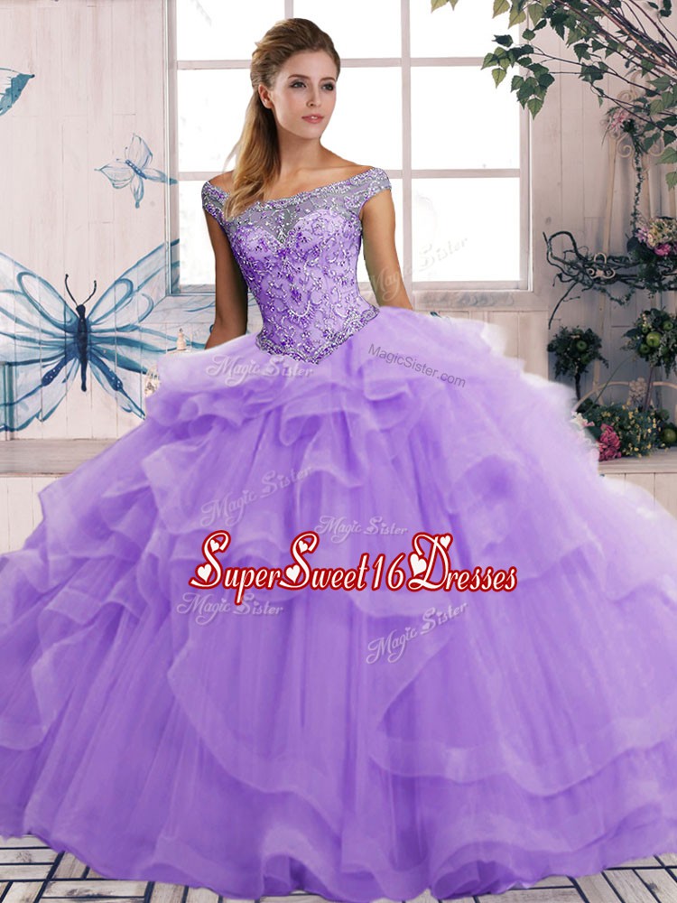 Low Price Sleeveless Tulle Floor Length Lace Up Quinceanera Gown in Lavender with Beading and Ruffles