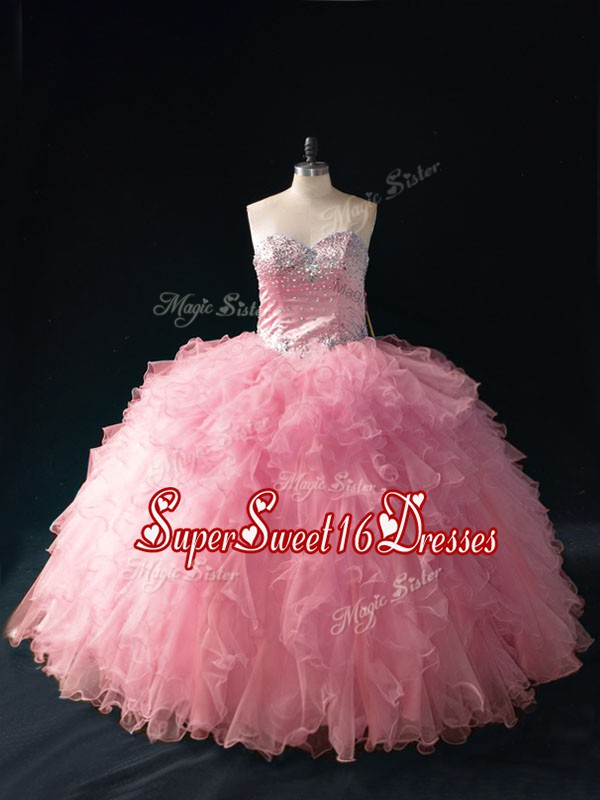 Sexy Pink Ball Gown Prom Dress Sweet 16 and Quinceanera with Beading and Ruffles Sweetheart Sleeveless Lace Up