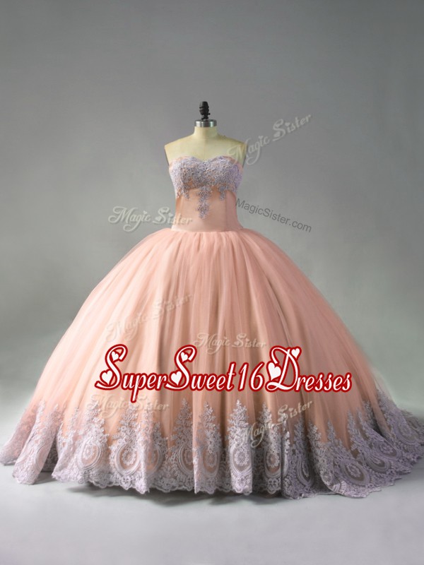 Admirable Peach Sweetheart Lace Up Beading and Appliques Quinceanera Dresses Court Train Sleeveless
