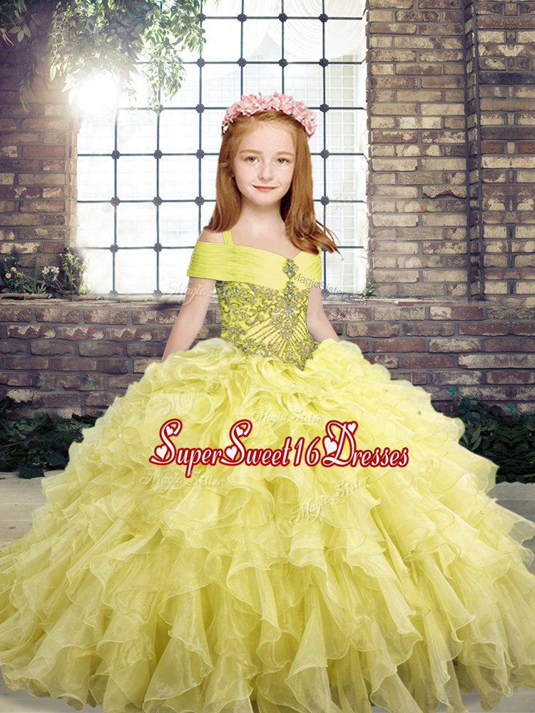 Gorgeous Yellow Ball Gowns Beading and Ruffles Little Girls Pageant Dress Lace Up Organza Sleeveless Floor Length