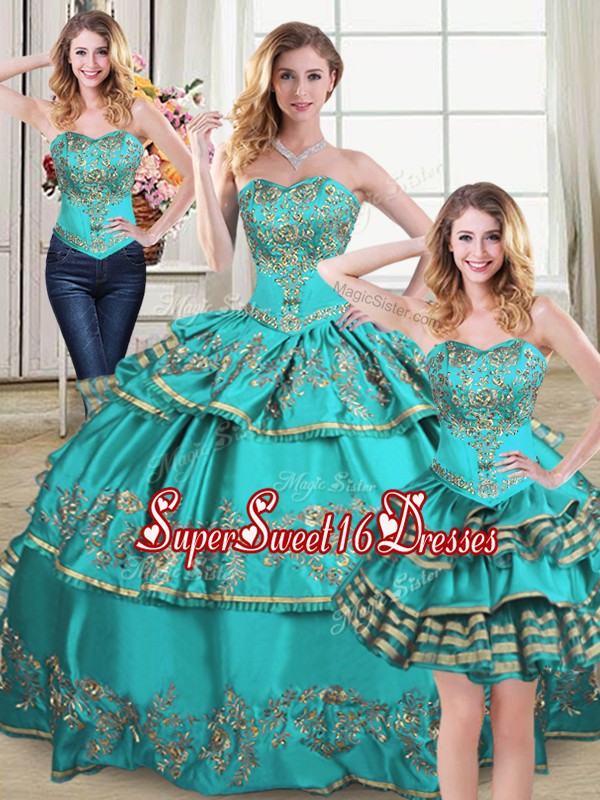  Aqua Blue Ball Gowns Sweetheart Sleeveless Organza Floor Length Lace Up Embroidery and Ruffled Layers Quinceanera Gown