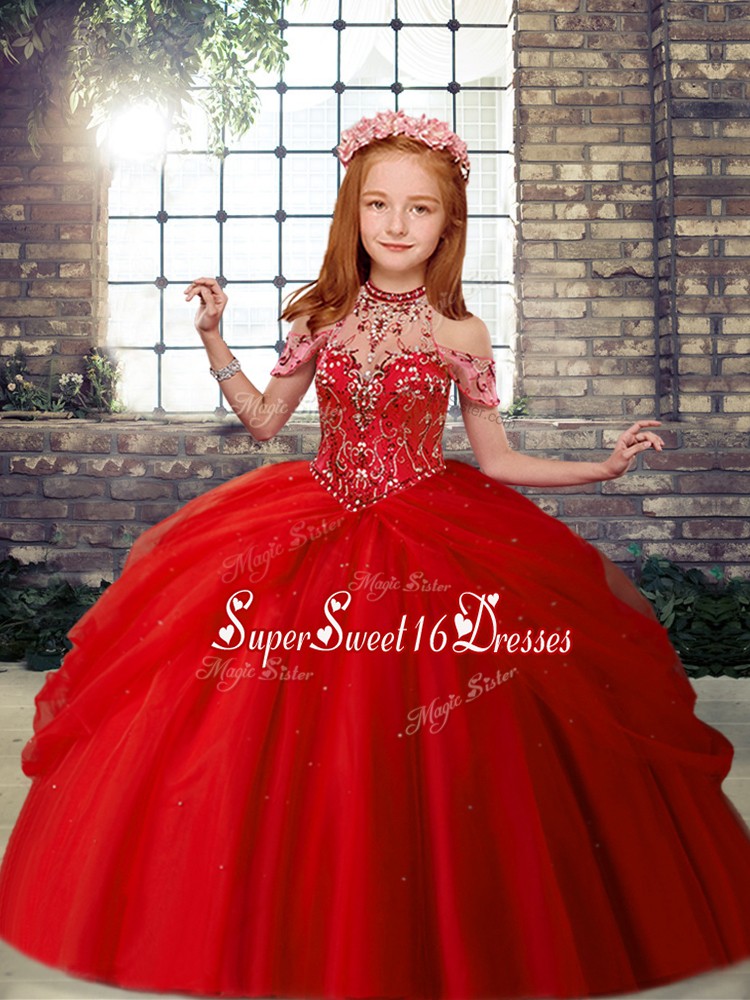 Latest Floor Length Lace Up Little Girl Pageant Gowns Red for Party and Wedding Party with Beading
