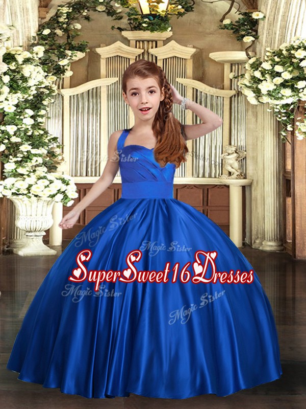  Ruching Little Girl Pageant Dress Royal Blue Lace Up Sleeveless Floor Length
