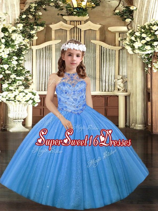  Halter Top Sleeveless Girls Pageant Dresses Floor Length Beading Baby Blue Tulle
