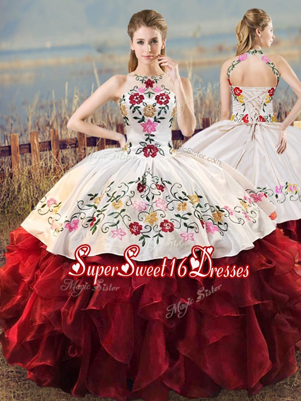 Captivating Ball Gowns 15th Birthday Dress White And Red Halter Top Organza Sleeveless Floor Length Lace Up