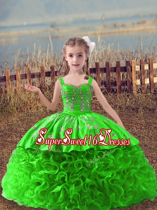 Adorable Lace Up Straps Embroidery Little Girl Pageant Dress Fabric With Rolling Flowers Sleeveless Sweep Train