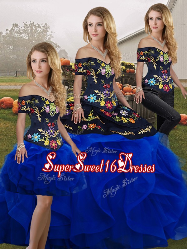  Royal Blue Quinceanera Gown Military Ball and Sweet 16 and Quinceanera with Embroidery and Ruffles Off The Shoulder Sleeveless Lace Up