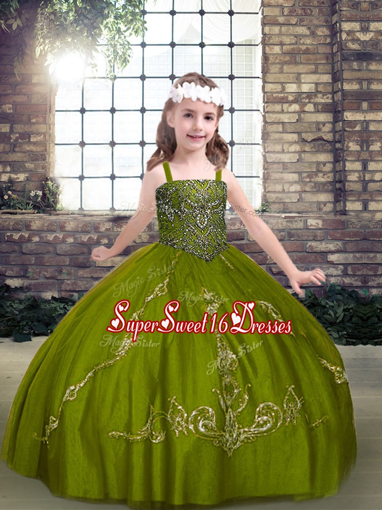 Amazing Olive Green Ball Gowns Beading Pageant Dress Wholesale Lace Up Tulle Sleeveless Floor Length