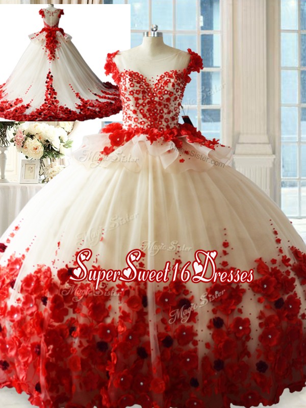 On Sale White And Red Zipper Scoop Hand Made Flower Quinceanera Dress Tulle Sleeveless Brush Train