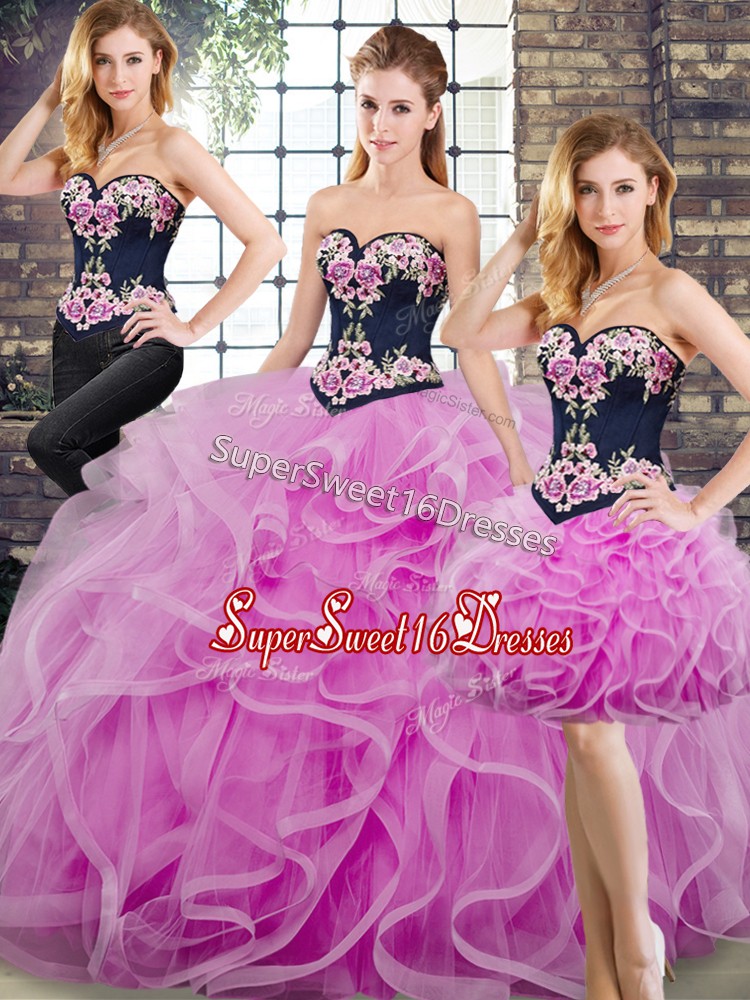  Sleeveless Sweep Train Lace Up Beading and Embroidery and Ruffles Sweet 16 Quinceanera Dress
