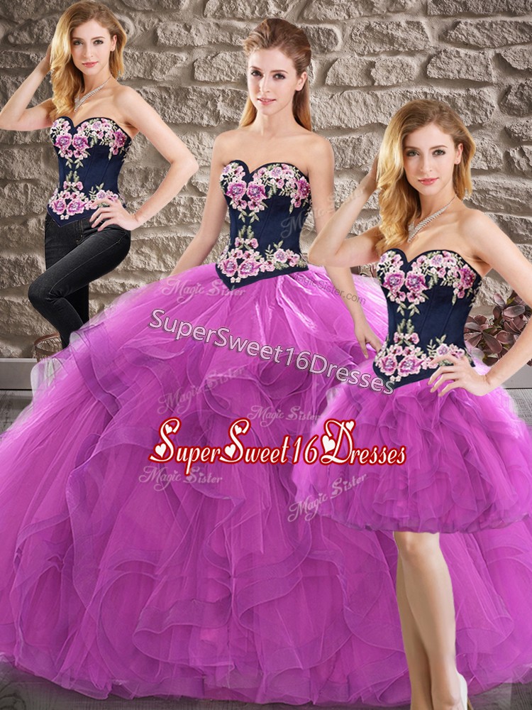 Attractive Purple Three Pieces Sweetheart Sleeveless Tulle Floor Length Lace Up Beading and Embroidery Quinceanera Dress