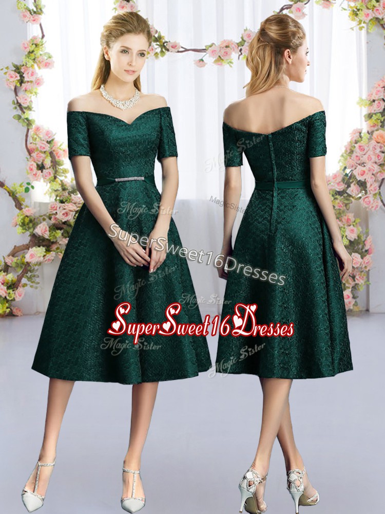  Dark Green A-line Off The Shoulder Short Sleeves Lace Tea Length Belt Dama Dress for Quinceanera
