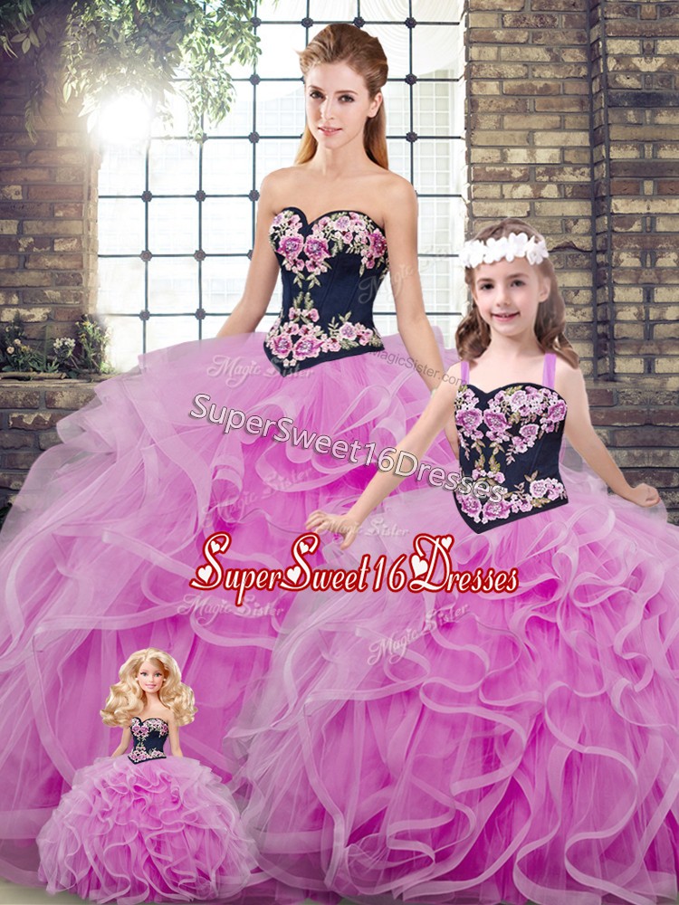 Vintage Lilac 15th Birthday Dress Military Ball and Sweet 16 and Quinceanera with Embroidery and Ruffles Sweetheart Sleeveless Sweep Train Lace Up