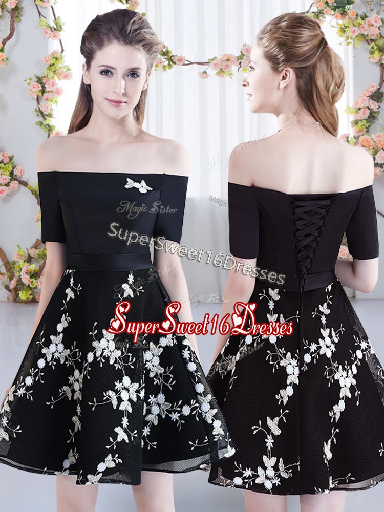  Black Short Sleeves Organza Lace Up Vestidos de Damas for Prom and Party and Wedding Party