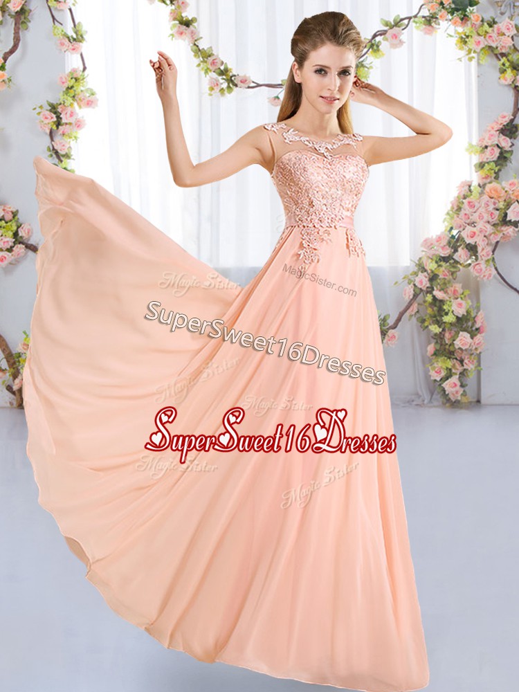  Sleeveless Floor Length Lace Lace Up Court Dresses for Sweet 16 with Peach