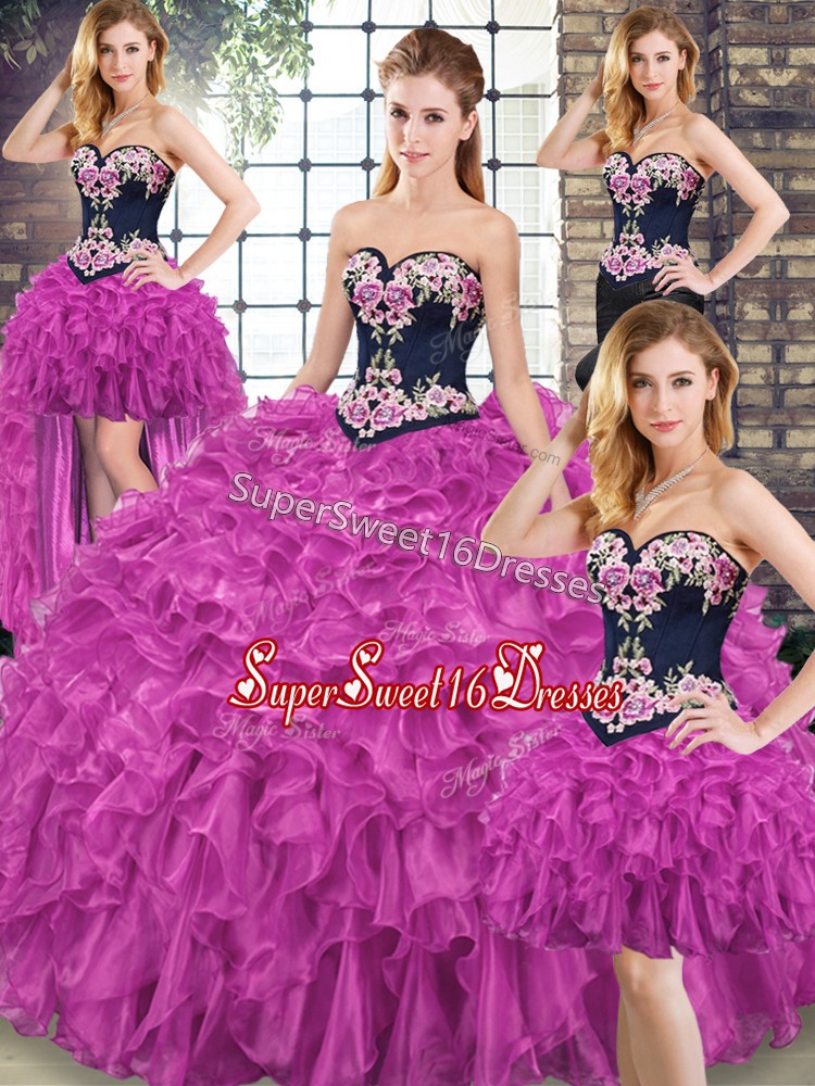 Decent Fuchsia Sweetheart Neckline Embroidery and Ruffles 15th Birthday Dress Sleeveless Lace Up