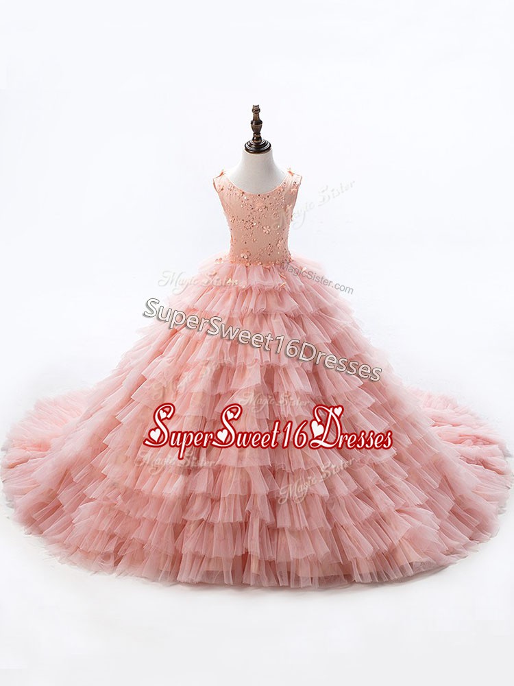 Eye-catching Pink Lace Up Scoop Beading and Ruffled Layers High School Pageant Dress Sleeveless Court Train