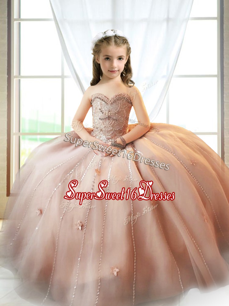 Pretty Beading and Appliques Little Girls Pageant Gowns Pink Lace Up Sleeveless Floor Length