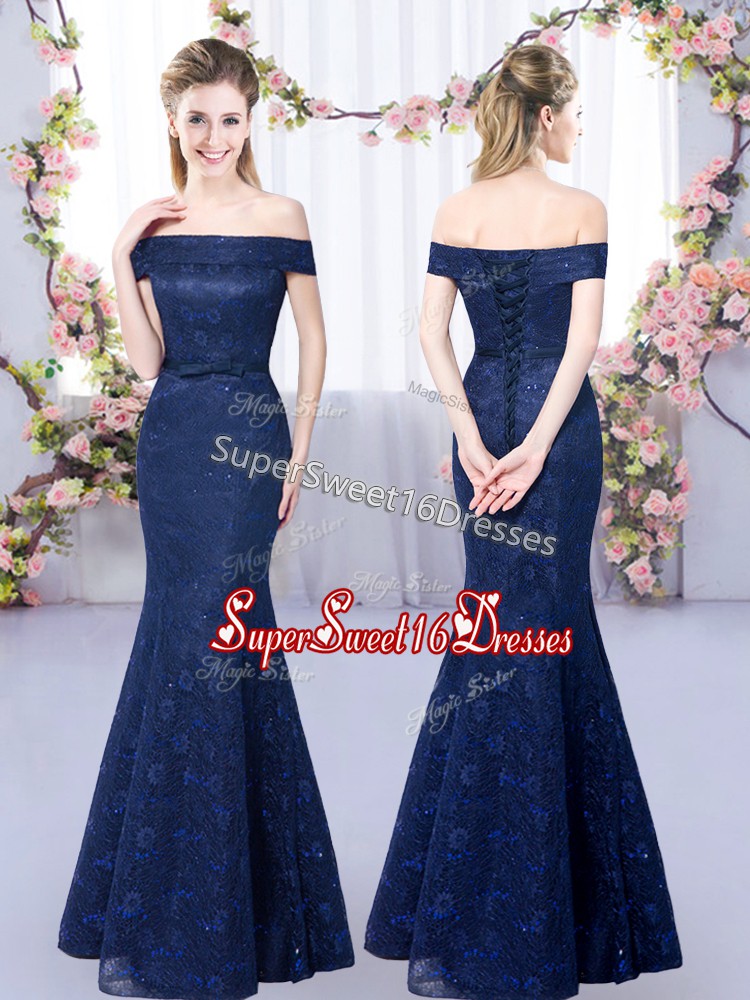 Admirable Sleeveless Floor Length Lace Lace Up Damas Dress with Navy Blue