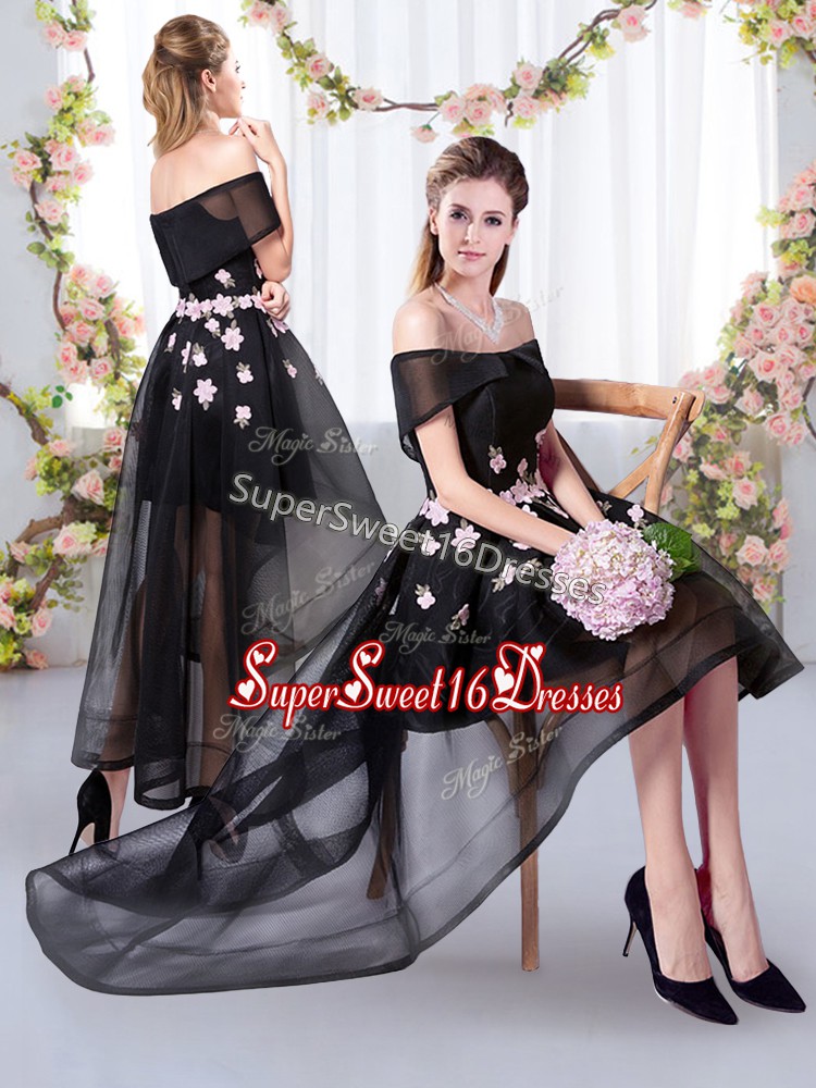 Traditional Tulle Short Sleeves High Low Quinceanera Court Dresses and Appliques