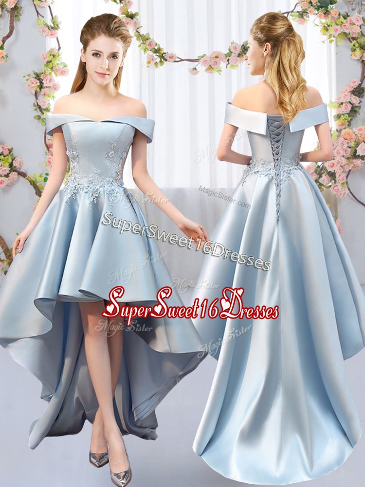  Light Blue Dama Dress for Quinceanera Prom and Party and Wedding Party with Appliques Off The Shoulder Sleeveless Lace Up