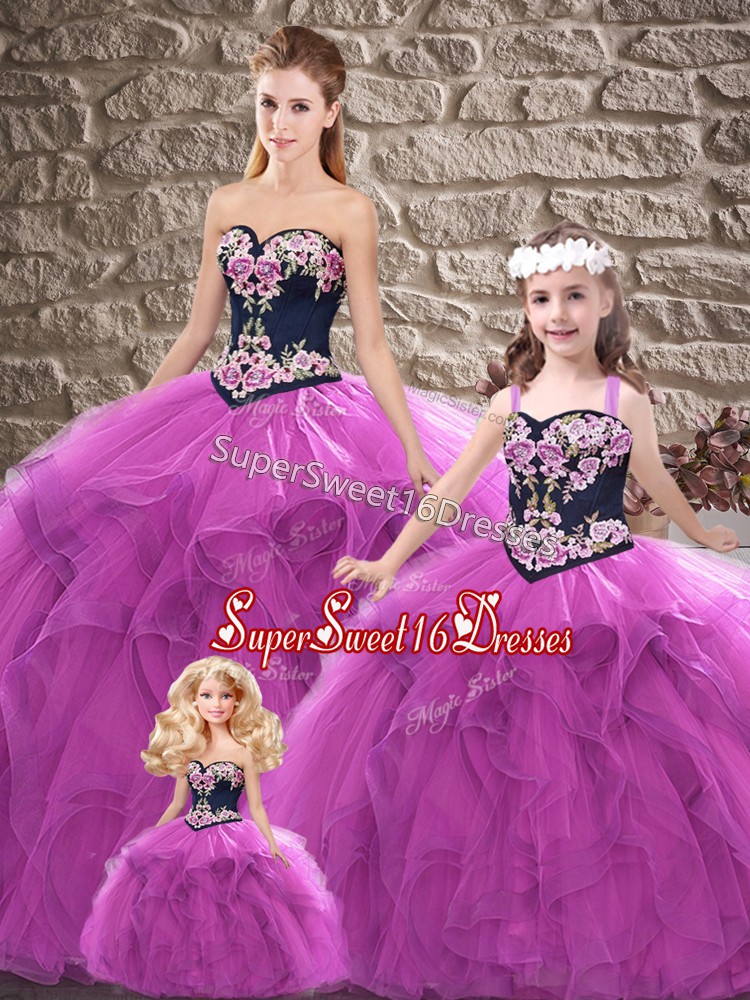  Purple Tulle Lace Up Sweetheart Sleeveless Floor Length Ball Gown Prom Dress Beading and Embroidery