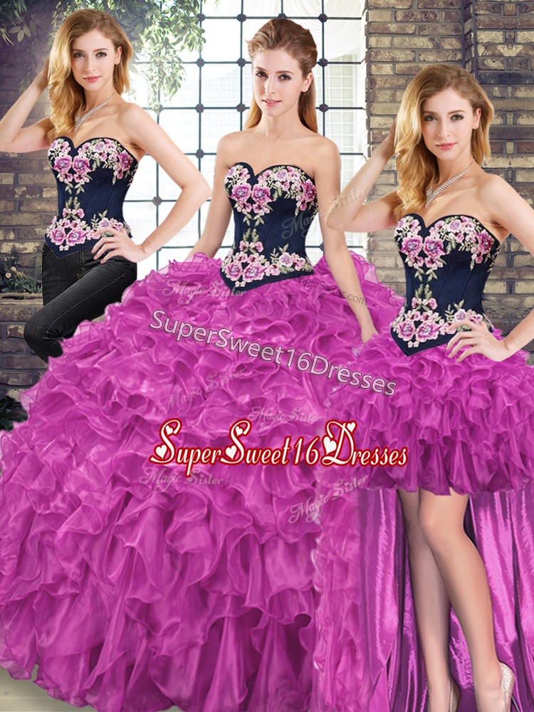  Sleeveless Organza Sweep Train Lace Up Ball Gown Prom Dress in Fuchsia with Embroidery and Ruffles
