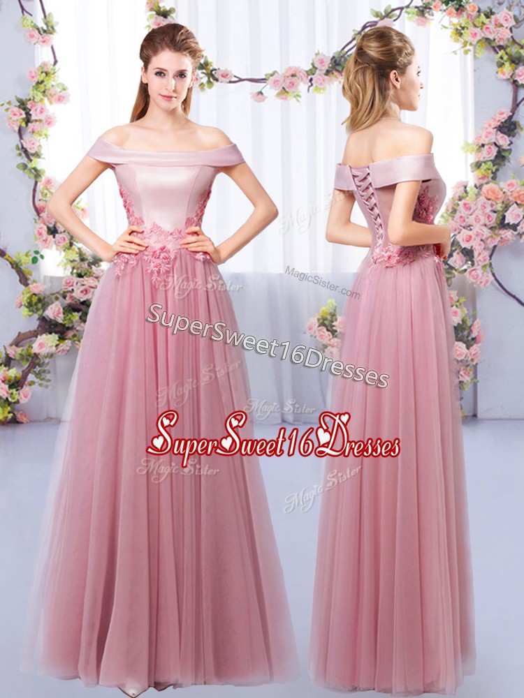  Pink Off The Shoulder Neckline Appliques Quinceanera Court Dresses Sleeveless Lace Up
