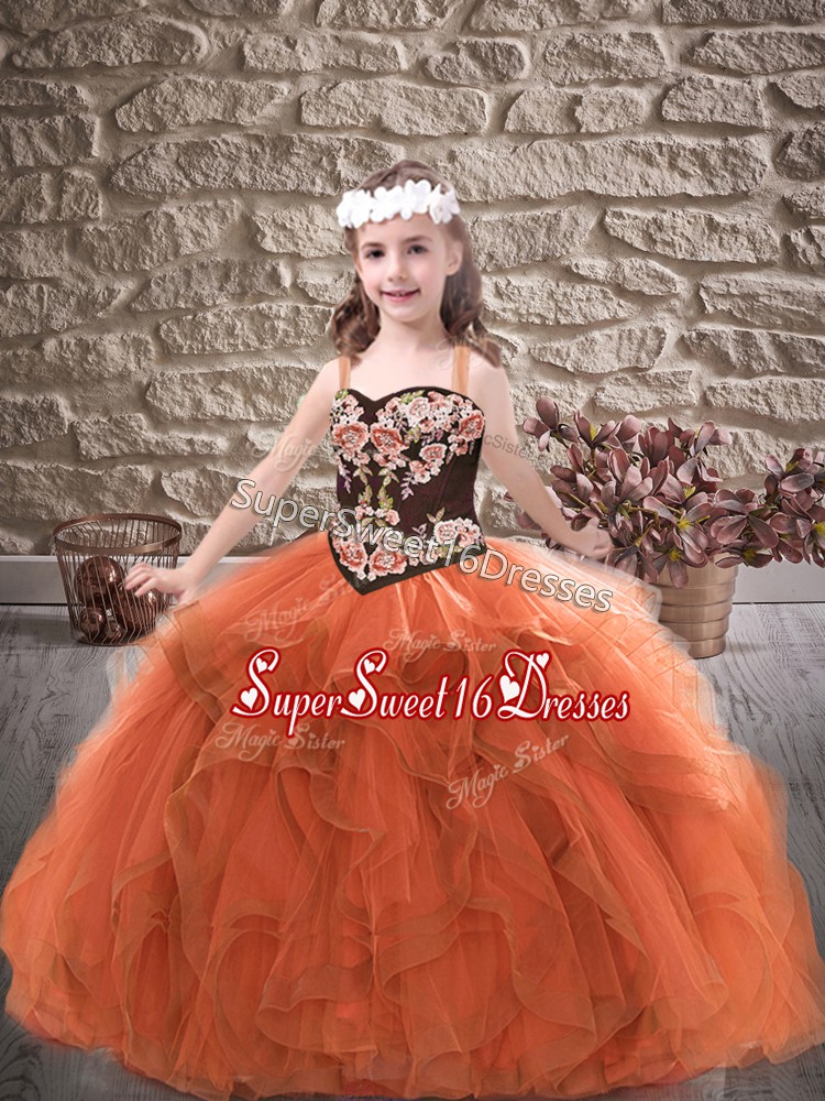  Rust Red Ball Gowns Straps Sleeveless Tulle Floor Length Lace Up Embroidery and Ruffles Pageant Dress Toddler