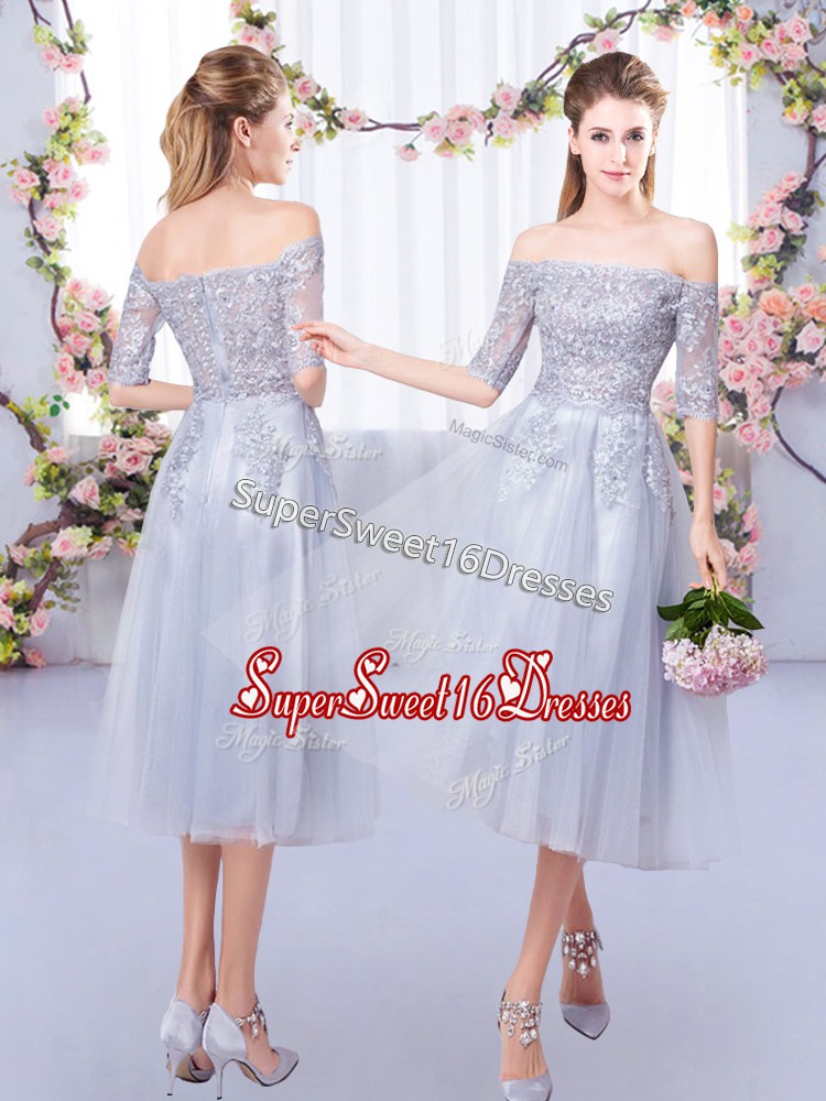  Off The Shoulder Half Sleeves Zipper Quinceanera Court of Honor Dress Grey Tulle