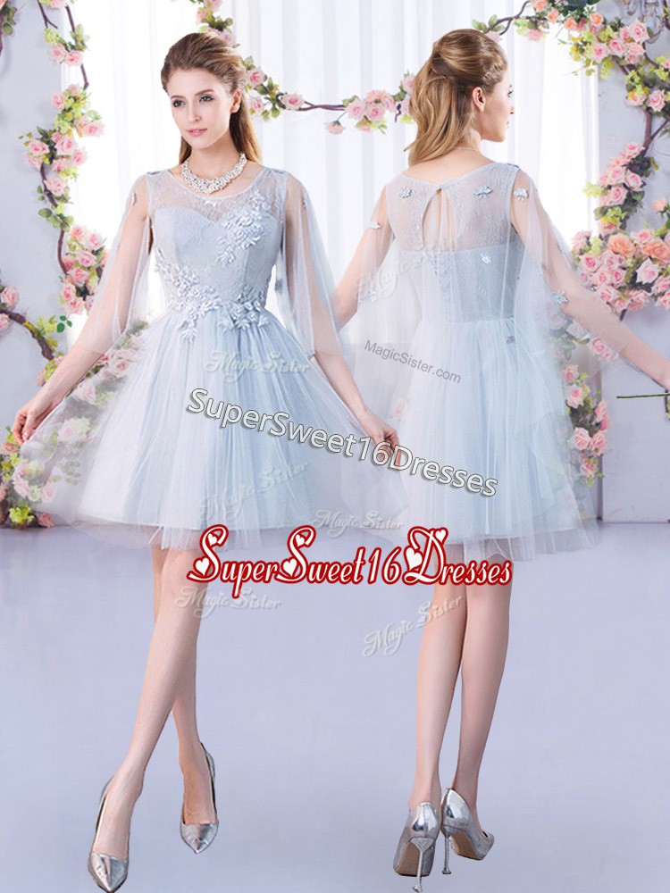 Excellent Tulle Scoop 3 4 Length Sleeve Lace Up Lace Dama Dress for Quinceanera in Grey