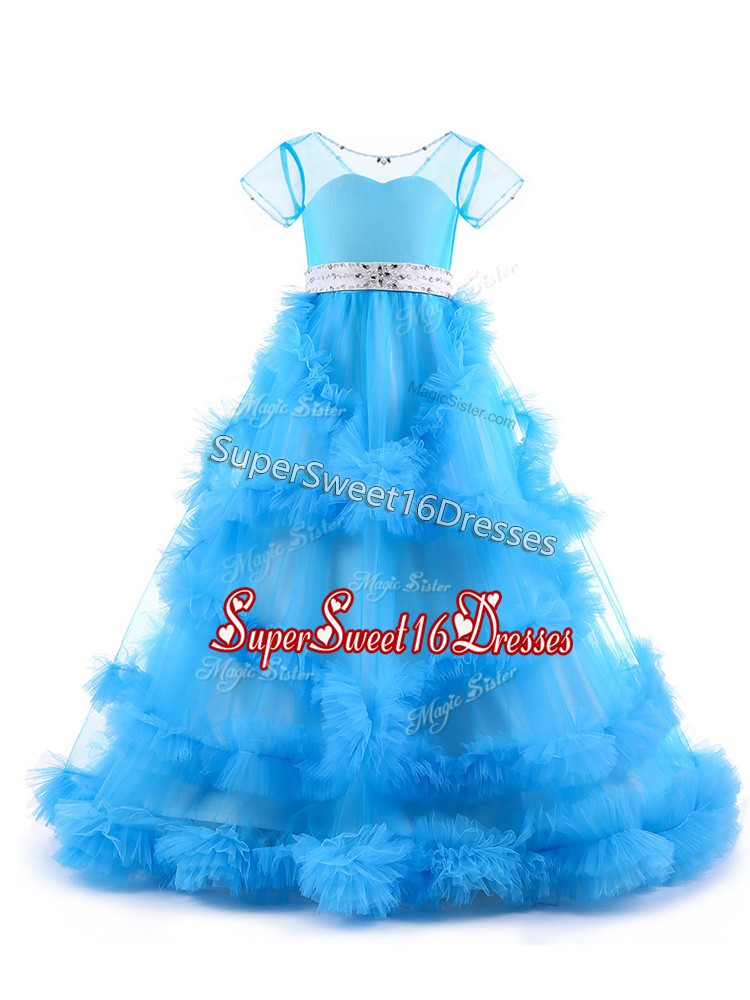  Baby Blue Backless Custom Made Pageant Dress Beading and Ruffles Short Sleeves Floor Length