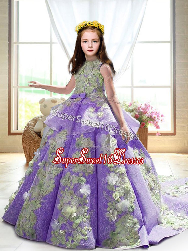 Trendy Sleeveless Court Train Backless Appliques Pageant Dress for Girls